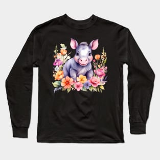 A baby hippo decorated with beautiful watercolor flowers Long Sleeve T-Shirt